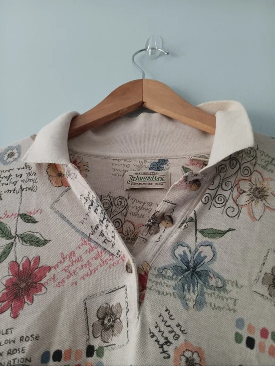 St John’s Bay Floral Script Print Polo Shirt M Cotton Button Short Sleeve - Picture 3 of 8